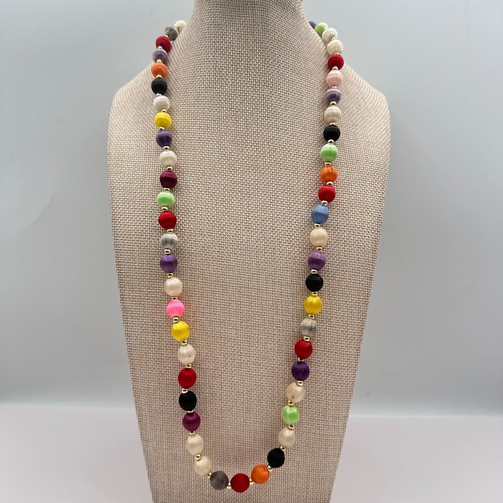 Vintage 90s Gold Tone Satin Thread Wrapped Beaded Necklace Women's Jewelry